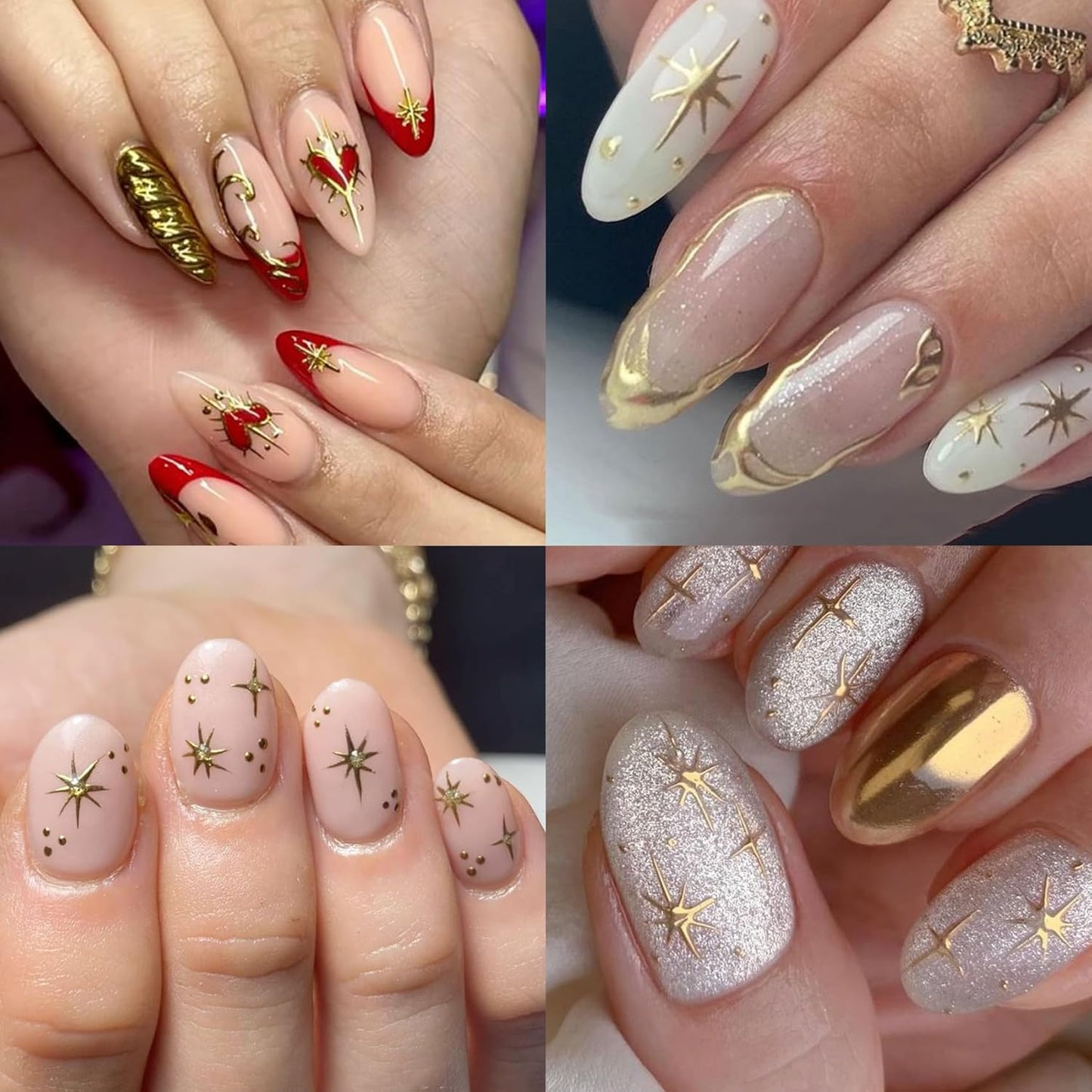 Gold Heart Nail Art Stickers - Valentines Day Star Self-Adhesive 3D Nail Decals for DIY Golden Manicure (6 Sheets)