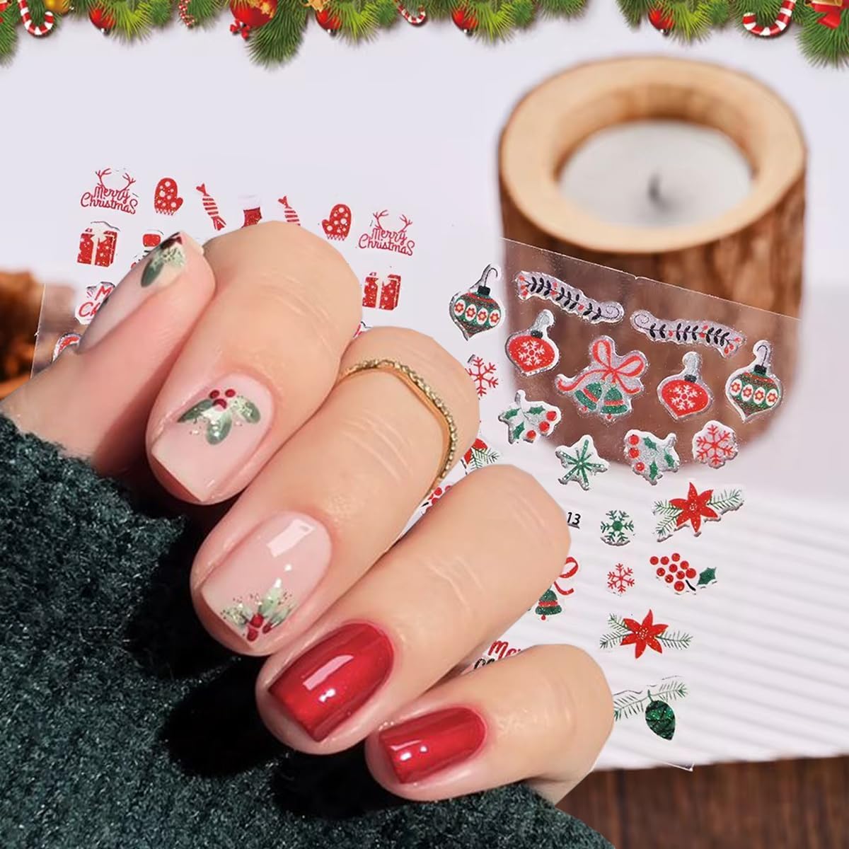 Glitter Christmas Nail Art Stickers for Set 3D Self- Adhesive Nail Supplies Snowflake Elk Santa Claus Cute Penguin Deer Snowman Nail Decals with Design Sparkly Xmas Winter Nail Decoration for Women