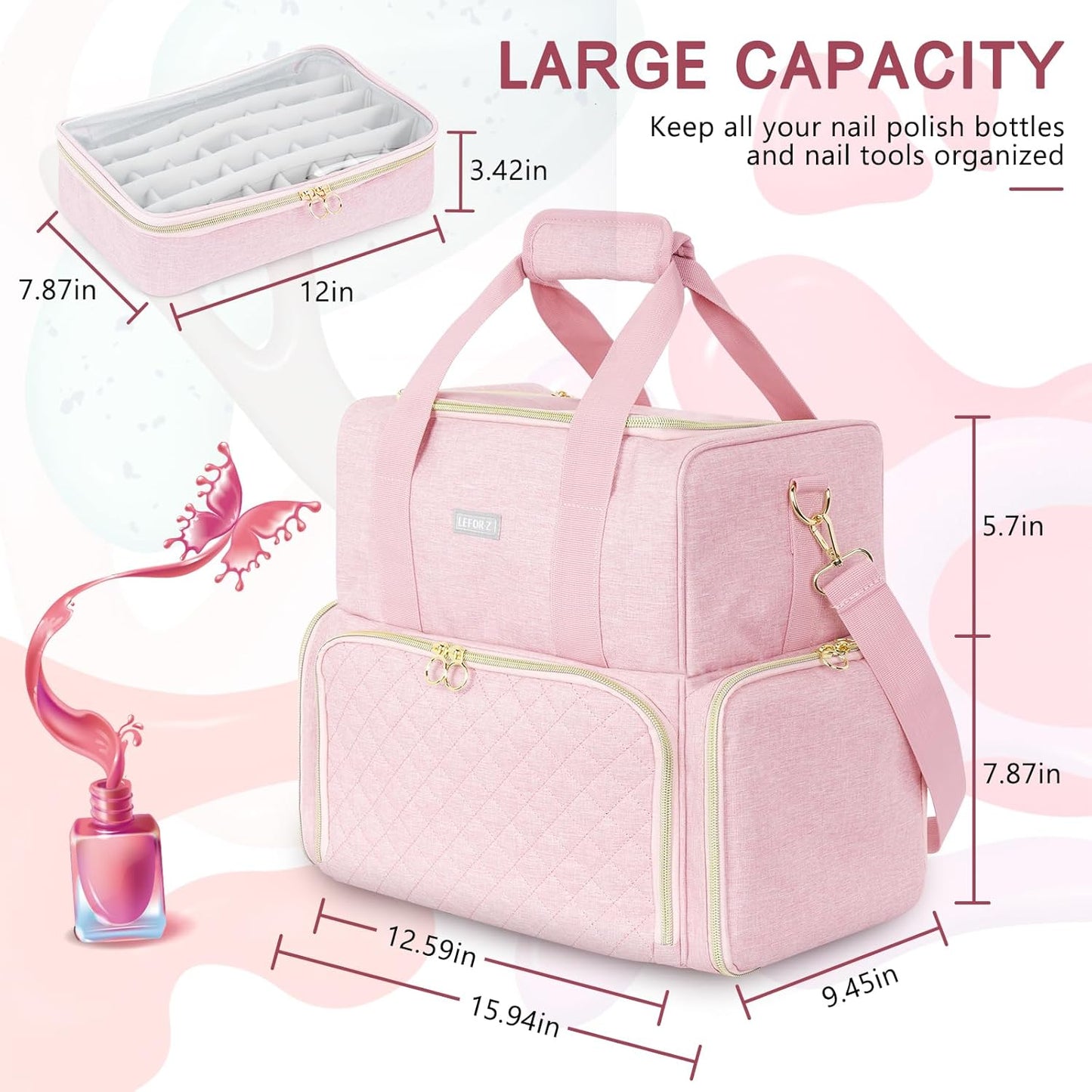 Nail Polish Organizer Holds 80 Bottles and a Nail Lamp,Nail Polish Carrying Case with 2 Removable Bags,Nail Organizers and Storage for Nail Tech,Portable Nail Polish Holder for Nail Supplies,Pink