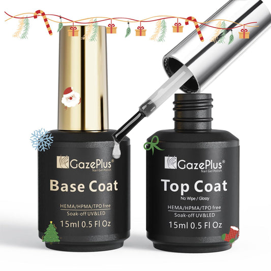Gel Top & Base Coat Set, 2 Pcs 15ml No Wipe HEMA-Free Nail Polish Kit, Shiny Long Lasting Soak Off Gel for Nail Art, Manicure Christmas Gift for Women & Professional Nail Salons
