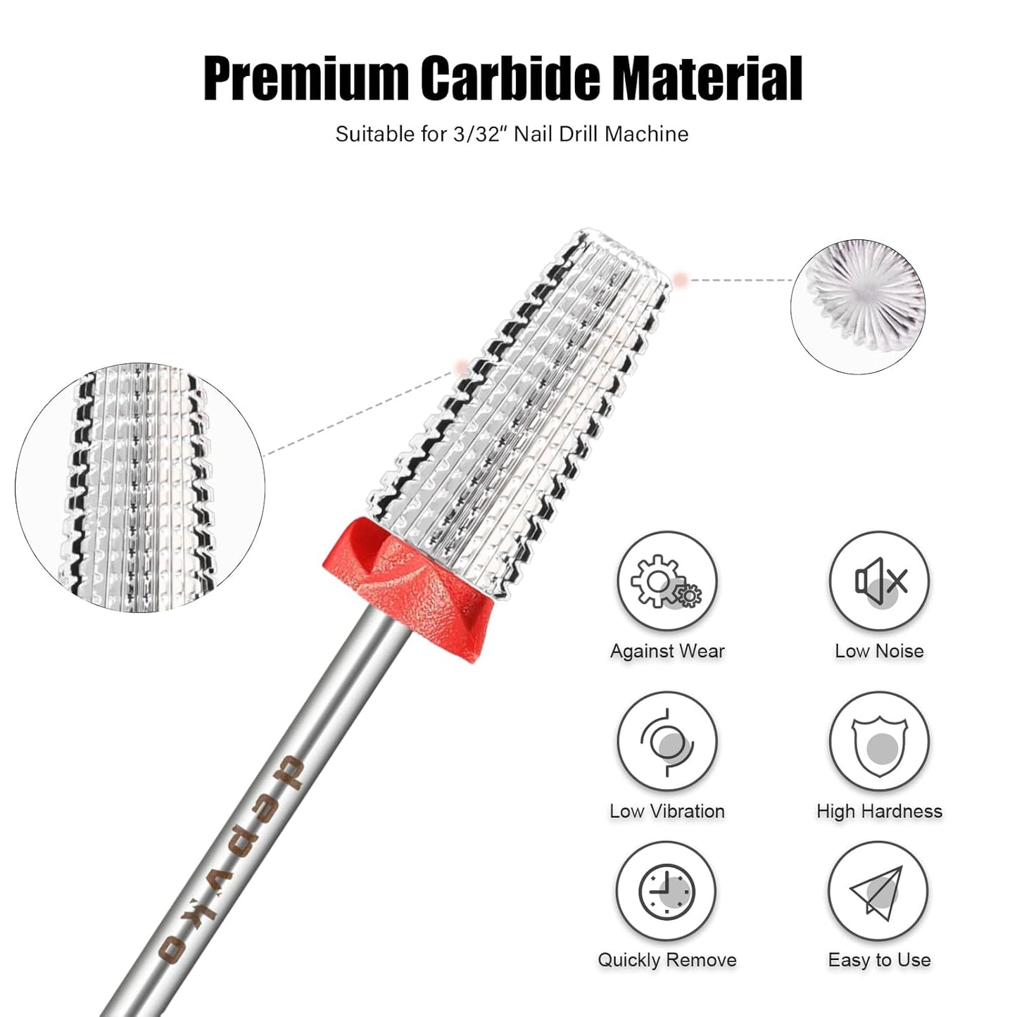 Depvko Super Long 5 in 1 Nail Drill Bits, 3/32'' Carbide Tungsten Bits, Two Way Rotate Professional Advanced Safety Bits for Nail, Fast Remove for Manicure Pedicure (Classic 5in1-Silver, Fine-F)