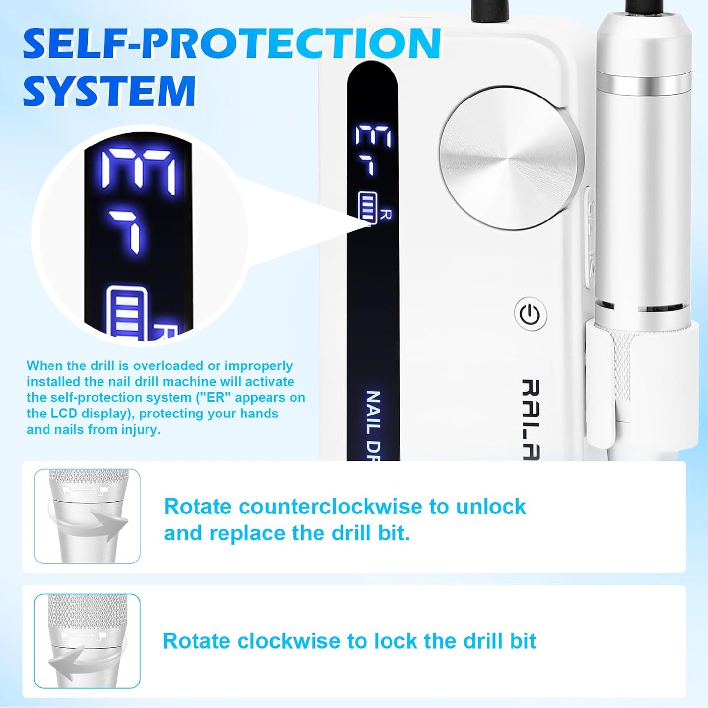 Professional Nail Drill, 35000RPM Electric Nail File, Rechargeable Cordless Machine, Nail Drill Kit with Bits, Portable Electric Nail Filer Manicure Pedicure (White)