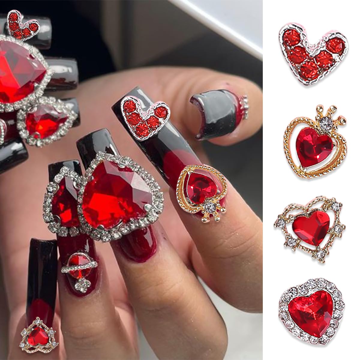 Valentines Gold & Silver Heart Nail Charms - 14 Pcs Luxury Alloy 3D Rhinestones for Crown Nails Art