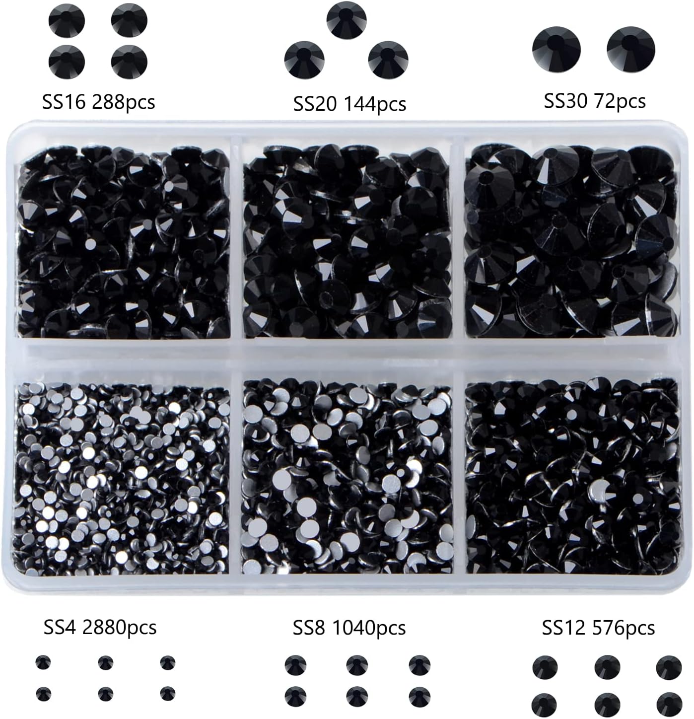 Bymitel 5000 Pieces 6 Mixed Sizes Glue Fix on Glass Rhinestones Round Crystal Gems Flatback for DIY Jewelry Making with one Picking Pen(Mix: SS4-SS30/5000PCS, Black)