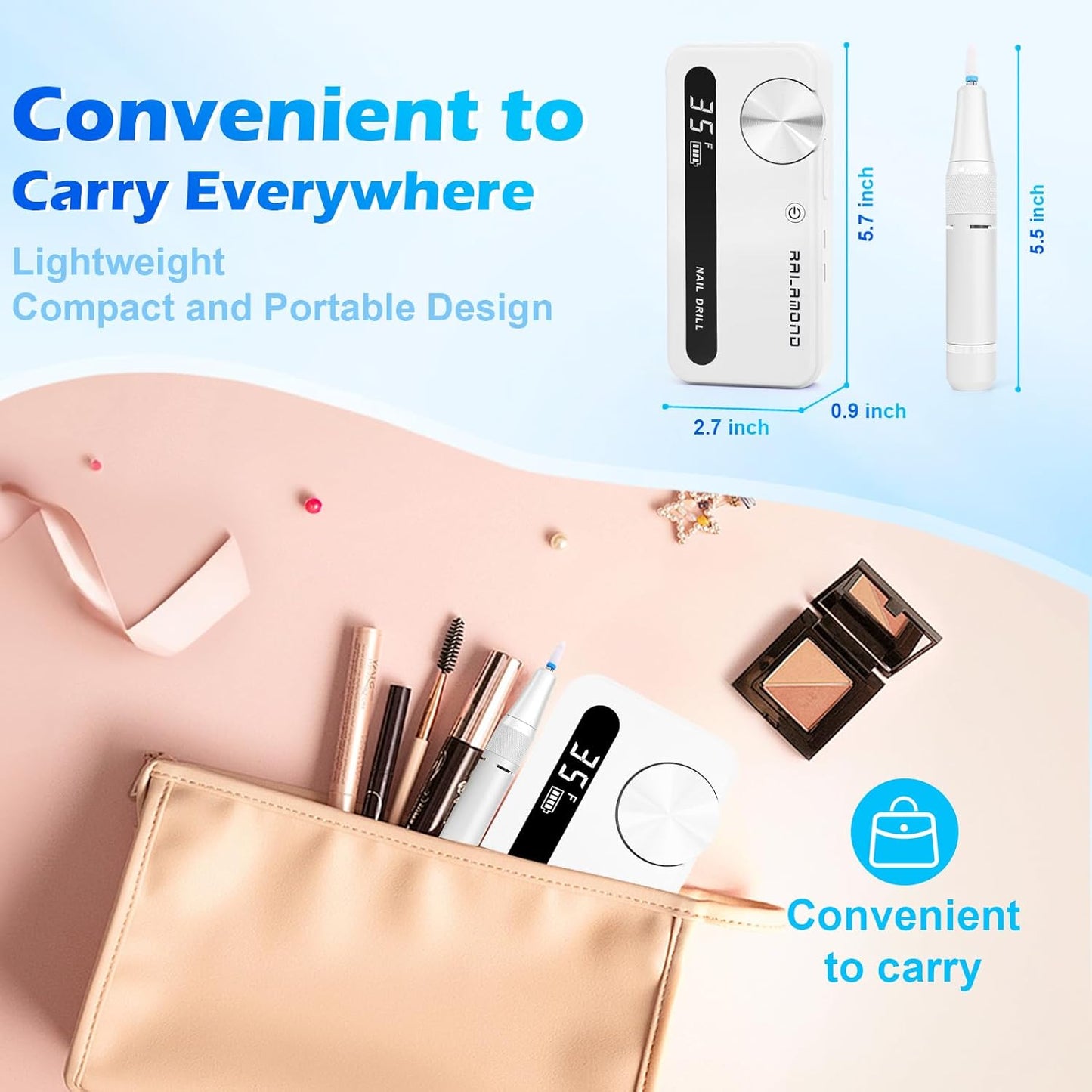 Professional Nail Drill, 35000RPM Electric Nail File, Rechargeable Cordless Machine, Nail Drill Kit with Bits, Portable Electric Nail Filer Manicure Pedicure (White)