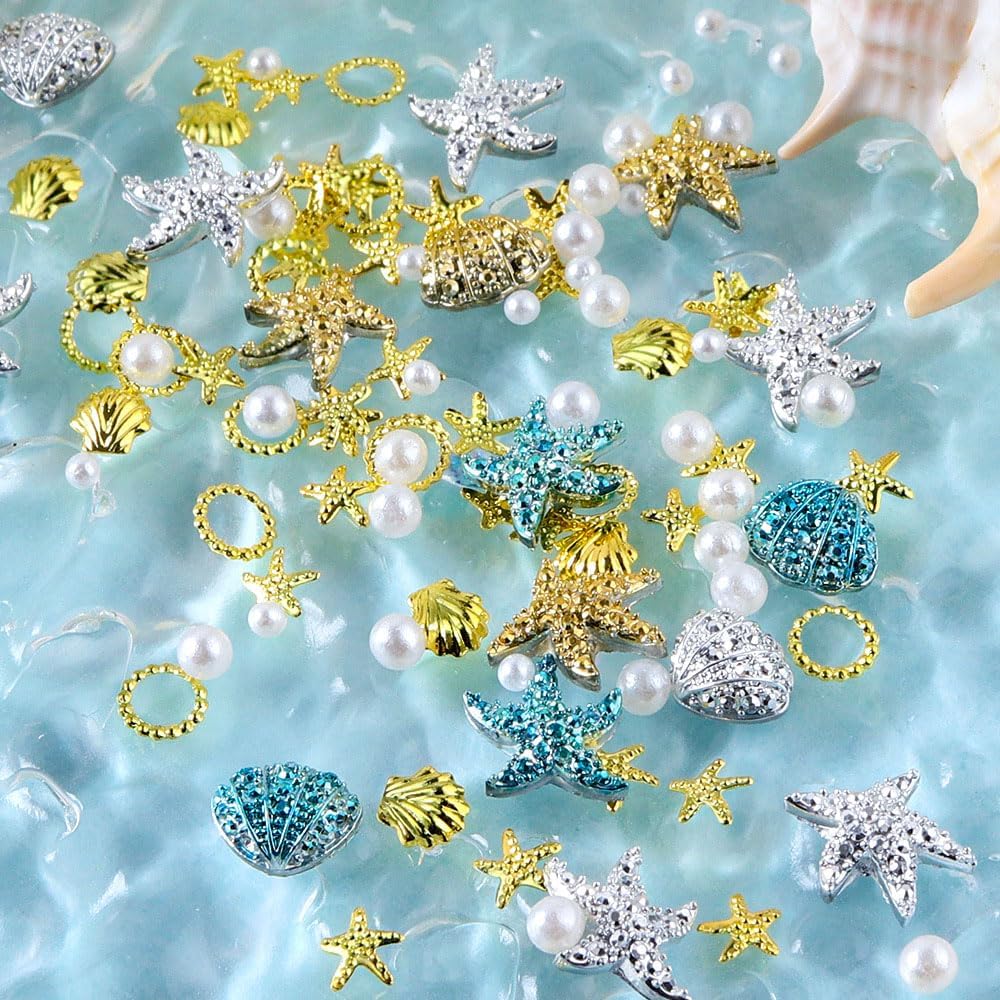 2 Pack 3D Nail Art Charms Set, Summer Beach Theme with Starfish Shell Pearls, Metal Rhinestone Decorations for Acrylic Nails