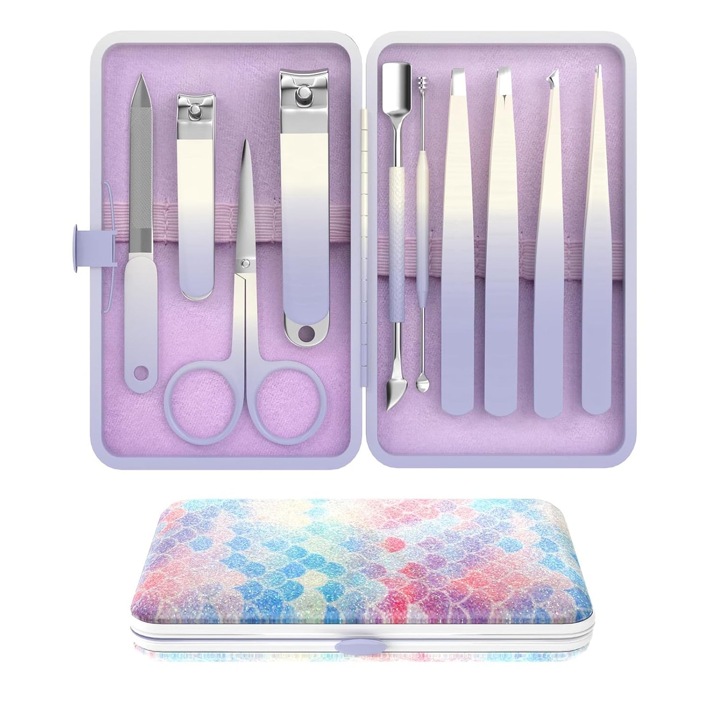 Manicure Set 10 in 1 Stainless Steel Nail Clippers Scissors Tweezers Grooming Kit with Travel Case (Purple)