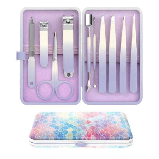 Manicure Set 10 in 1 Stainless Steel Nail Clippers Scissors Tweezers Grooming Kit with Travel Case (Purple)