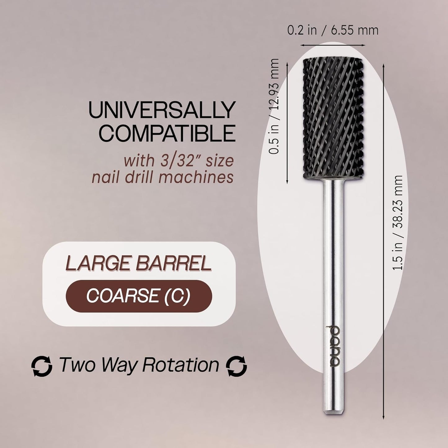 PANA Professional 3/32" Shank Size - Flat Top Large Barrel Carbide Bit - Nail Drill Bit for Dremel Machine (Silver, Gold, DLC Black) (Coarse, DLC Black)