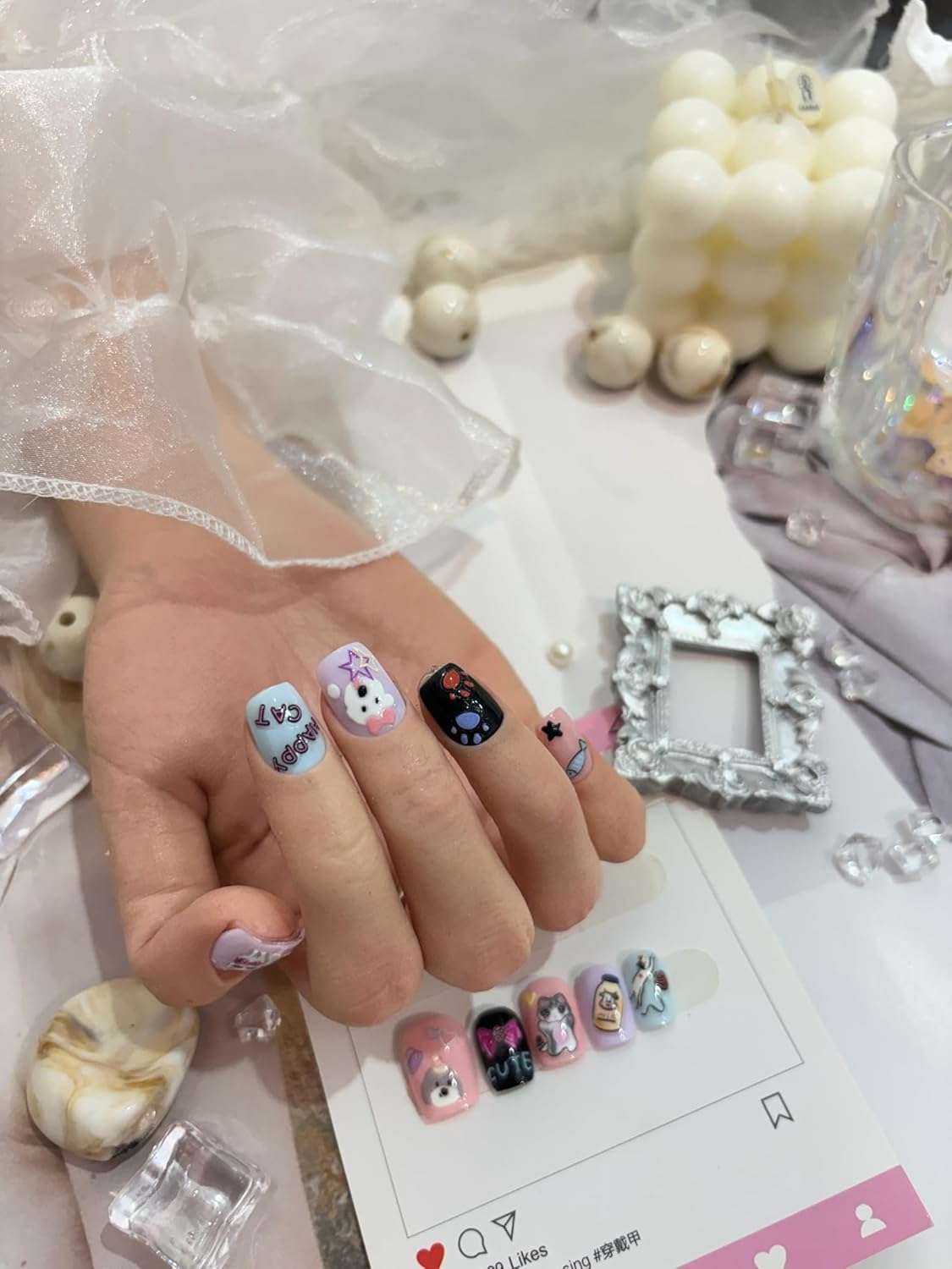 Cute Style Japanese Inspired Embossed Cute Dogs Adorable Cats Tanuki DIY Nail Stickers - Everyday Nail Art Decorations A Set of 4 Sheets