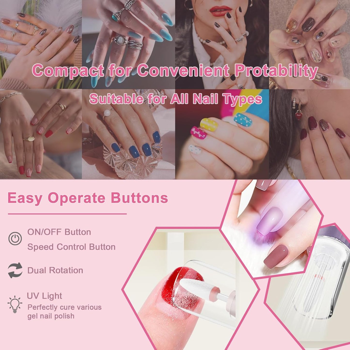 Electric Cordless Nail Drill with UV & LED Lights - 12+ Bits Kit for Gel/Acrylic/Dip Nails, Rechargeable Portable Nail File, 5 Speeds, Salon & Home Use (Gradient)