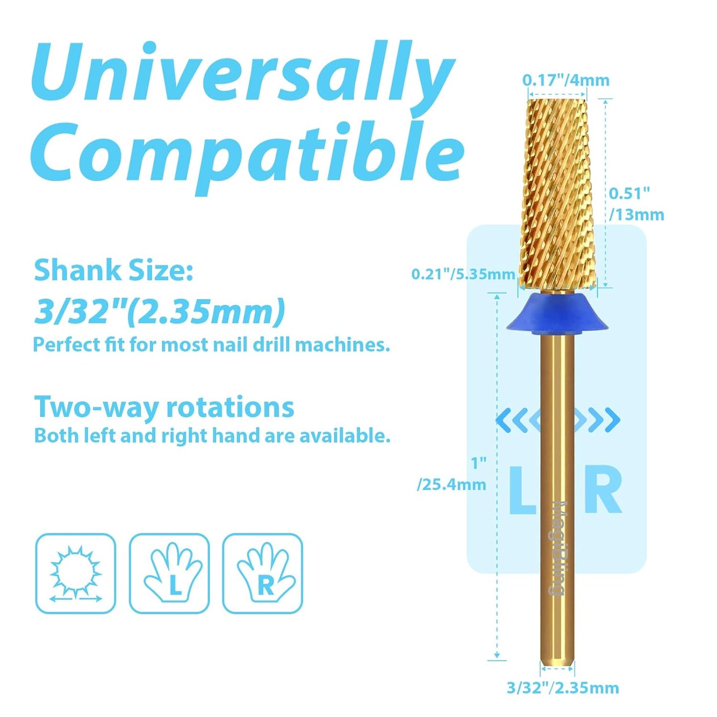 Tungsten Carbide Cross Cut Small Tapered Barrel Nail Drill Bits, Professional 3/32'' Safety Bits, Both Hands Use, Remove Gel Fast, Manicure Pedicure Cuticle Gel Polishing, Medium.