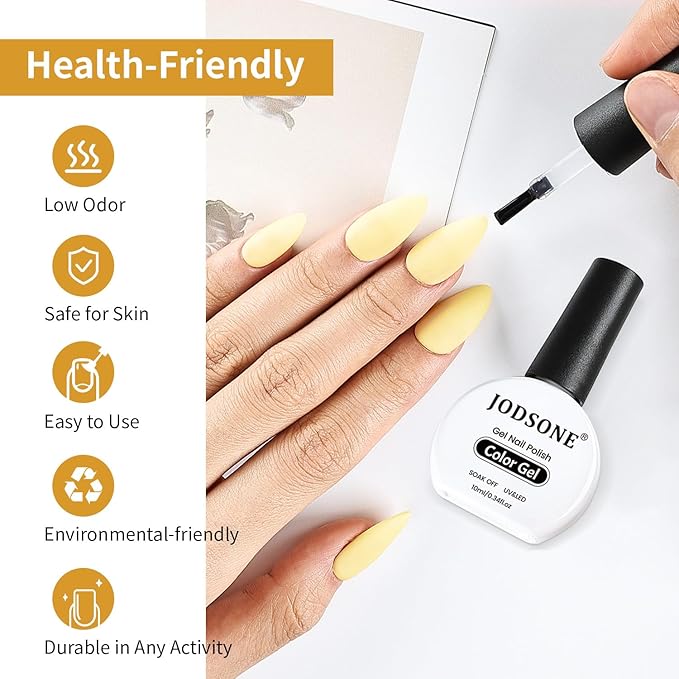 JODSONE Pastel Yellow Gel Nail Polish 10ml Soak Off LED Gel Polish Butter Yellow Nail Color Salon Quality Long-Lasting Low Odor Need U V Lamp Curing