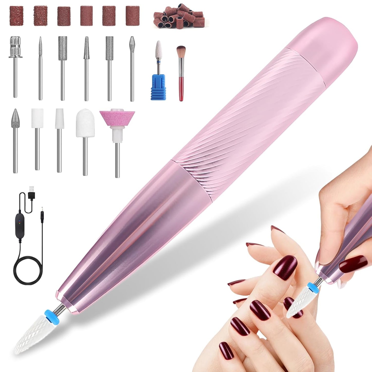 Portable Electric Nail Drill Machine Professional Kit, 0-23000 RPM Adjustable Speed, Nail Grinder Manicure Tool for Home Salon with Drill Bits Sanding Bands for Acrylic Gel Nails Pink
