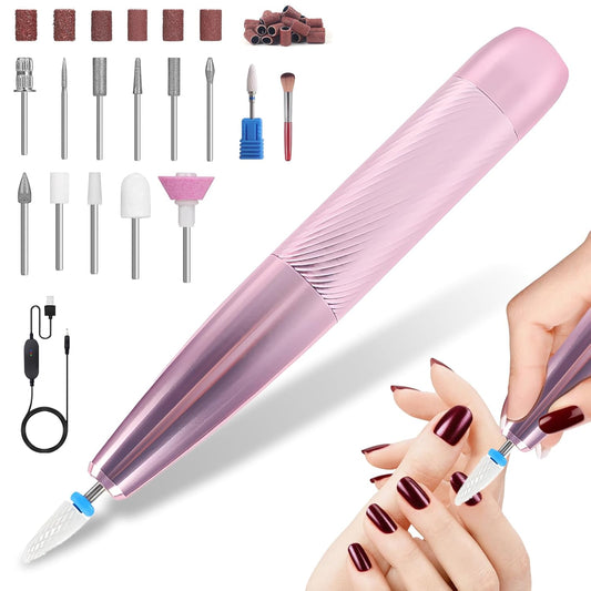 Portable Electric Nail Drill Machine Professional Kit, 0-23000 RPM Adjustable Speed, Nail Grinder Manicure Tool for Home Salon with Drill Bits Sanding Bands for Acrylic Gel Nails Pink