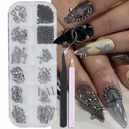 Metal Punk Nail Art Studs: 12 Grids Mixed Sizes Rivet Steel Beads Cross Nails Charms with Tweezers and Pen- Y2K Alloy Ring Gothic Nail Accessories for Women - DIY Craft Decoration Manicure Supplies