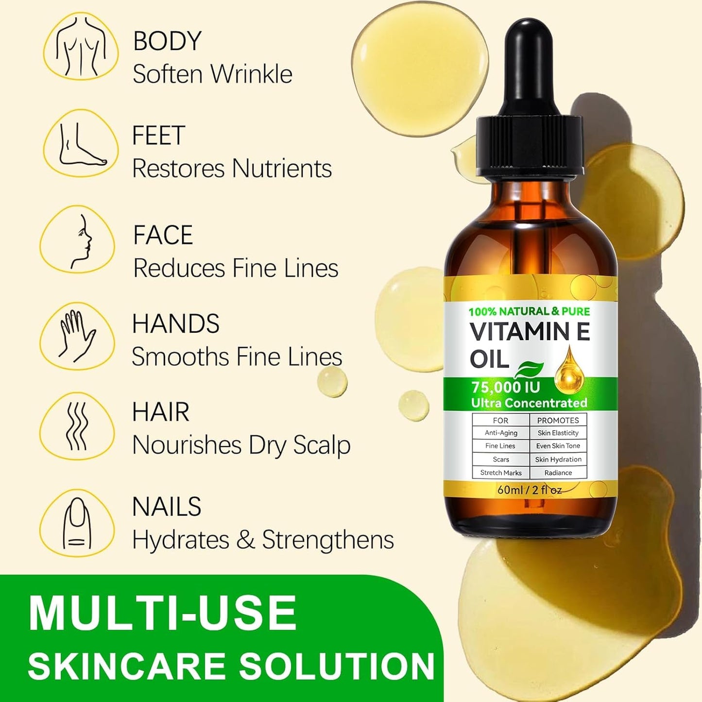 Vitamin E Oil Blend 75,000 IU, Pure Vitamin E Oil for Skin, Scars, Nails and Scalp, Face and Body Moisturizer, Hydrating Dry Skin, Reduce Stretch Marks, Fine Lines & Wrinkles, 2Fl Oz (Pack of 2)