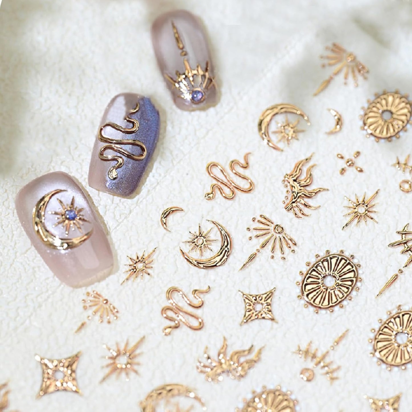 Gold Snake Nail Art Stickers 5D Self-Adhesive Embossed Moon Sun Pattern Design Nail Decals Retro Gilded Snake Nail Supplies for Women Girls DIY Summer Manicure Decoration Exquisite Cardboard 1 Sheet