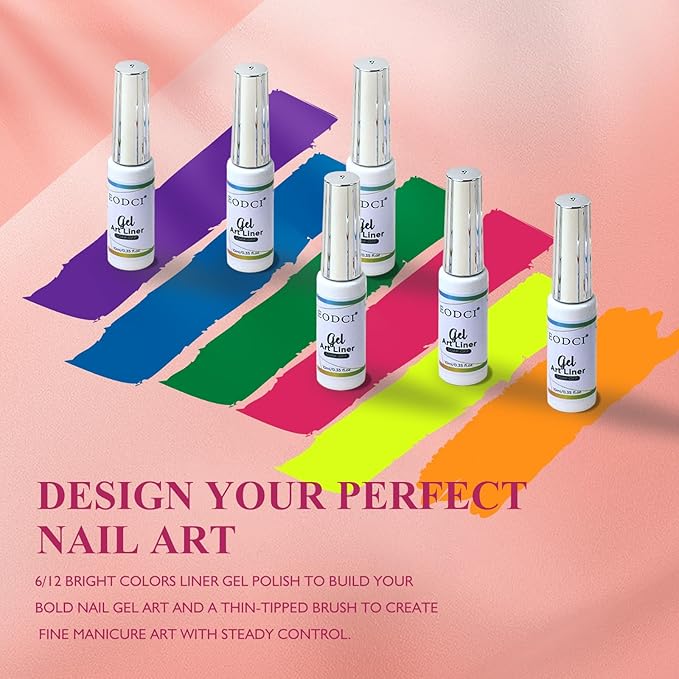 Nail Art Liner Set 6 Pcs Neon Green Blue Hot Pink Yellow Glitters Colors Paint Swirl Built Thin Brush in Bottle Soak off Led Lamp Gel Liner Nail Polish Manicure Kits