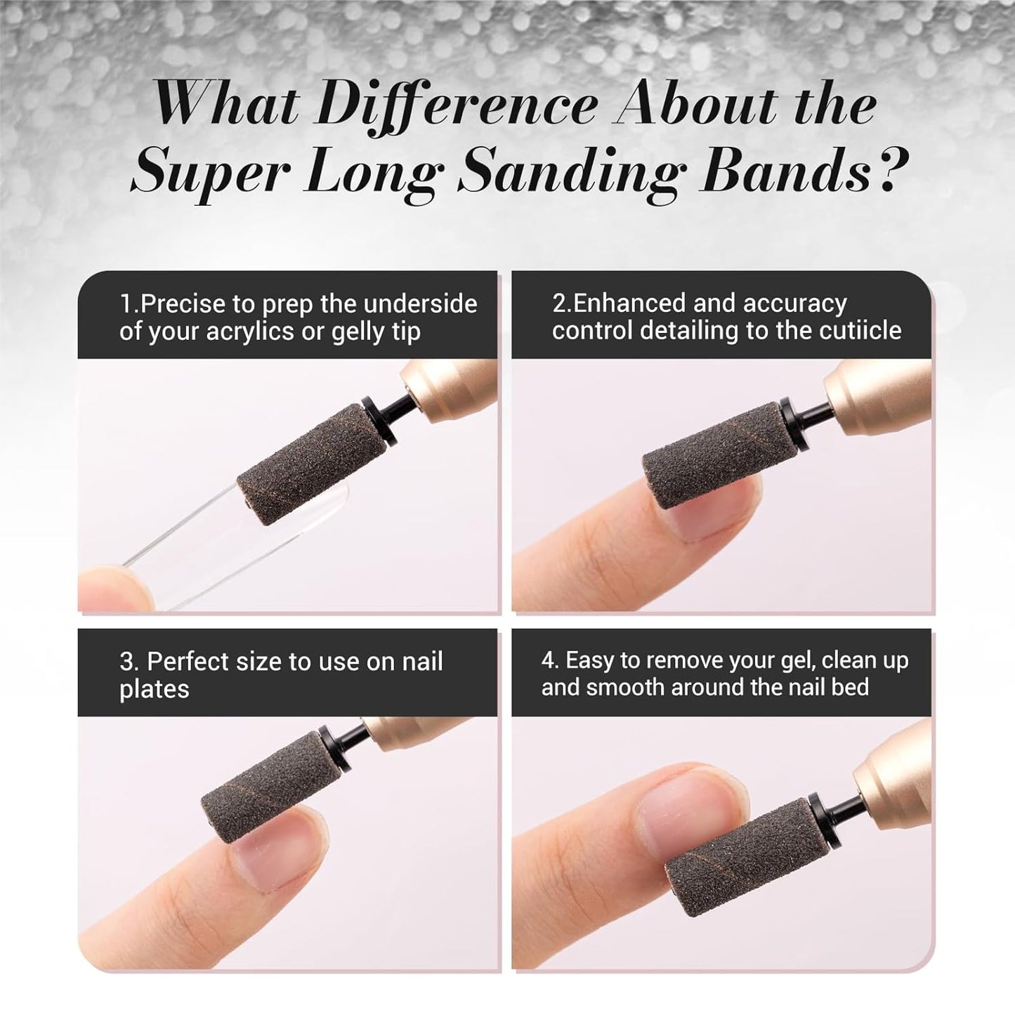 MelodySusie 50 Pcs Nail Drill Bits Super Long Sanding Bands with 6.65mm Crystal Mandrel Bit, 180 Fine Grit Nail File for Acrylic Nails Gel Manicures and Pedicure, Black