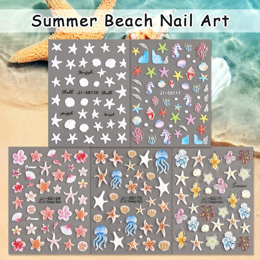 Ocean Life 5D Embossed Nail Art Stickers Decals, 5 Sheets Starfish Seashell Jellyfish Hibiscus Flowers Self Adhesive Nail Decals Summer Sea Theme Nail Supplies for Women Girls DIY Manicure Decor