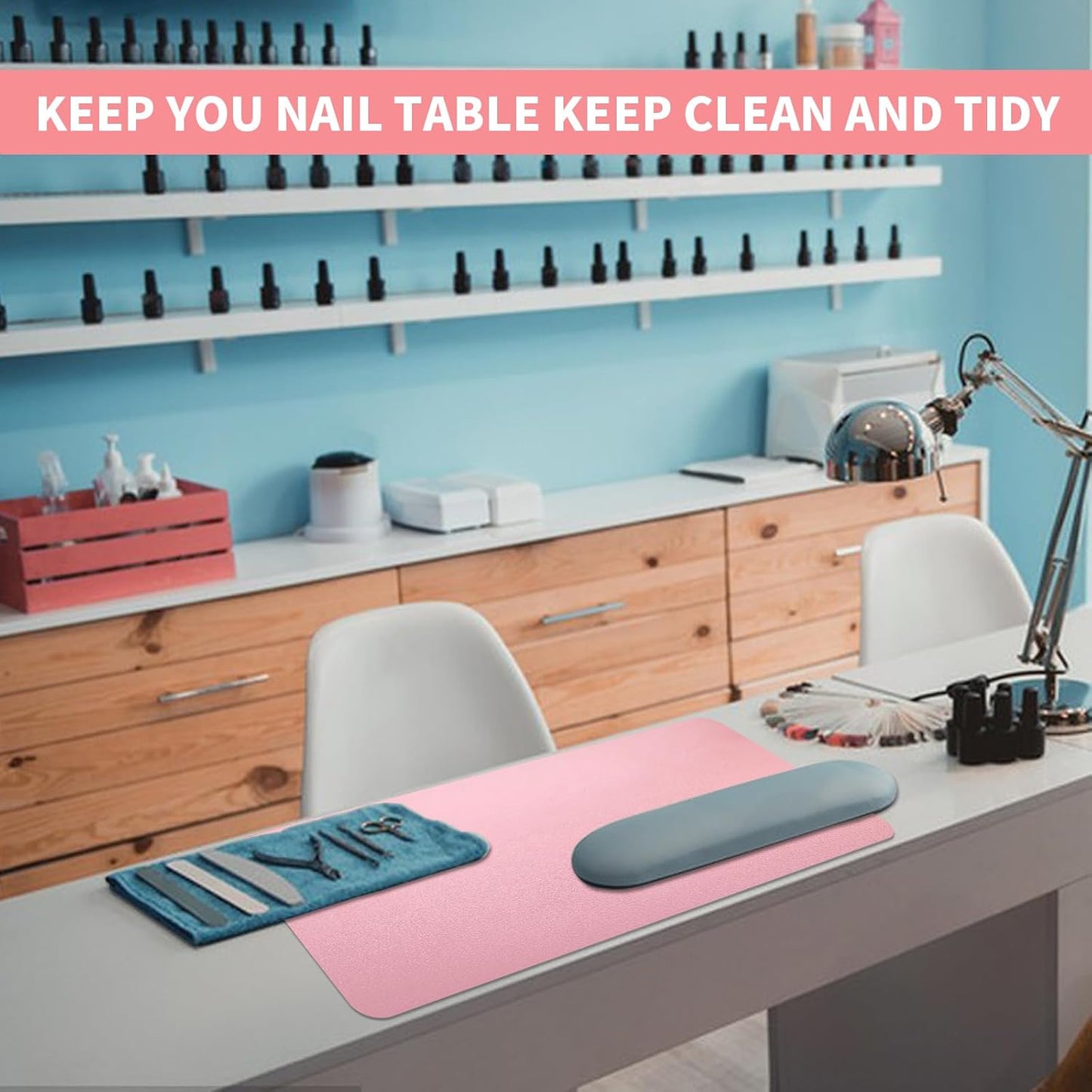 Double-sided Nail Table Mat for Nail tech - Soft Microfiber PU Leather Nail Desk Mat - Foldable Nail Art Table Mat Acetone Resistant for Nails Salon Home (Pink & White) (Mat Only)