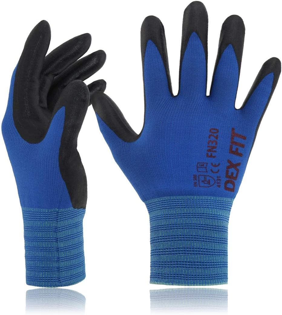DEX FIT Nylon Work Gloves FN320, 3D Comfort Fit, Power Grip, Lightweight, Touchscreen for Men & Women, Breathable & Flexible for Yard Work DIY Mechanic Warehouse, Blue 8 (M) 3 Pairs