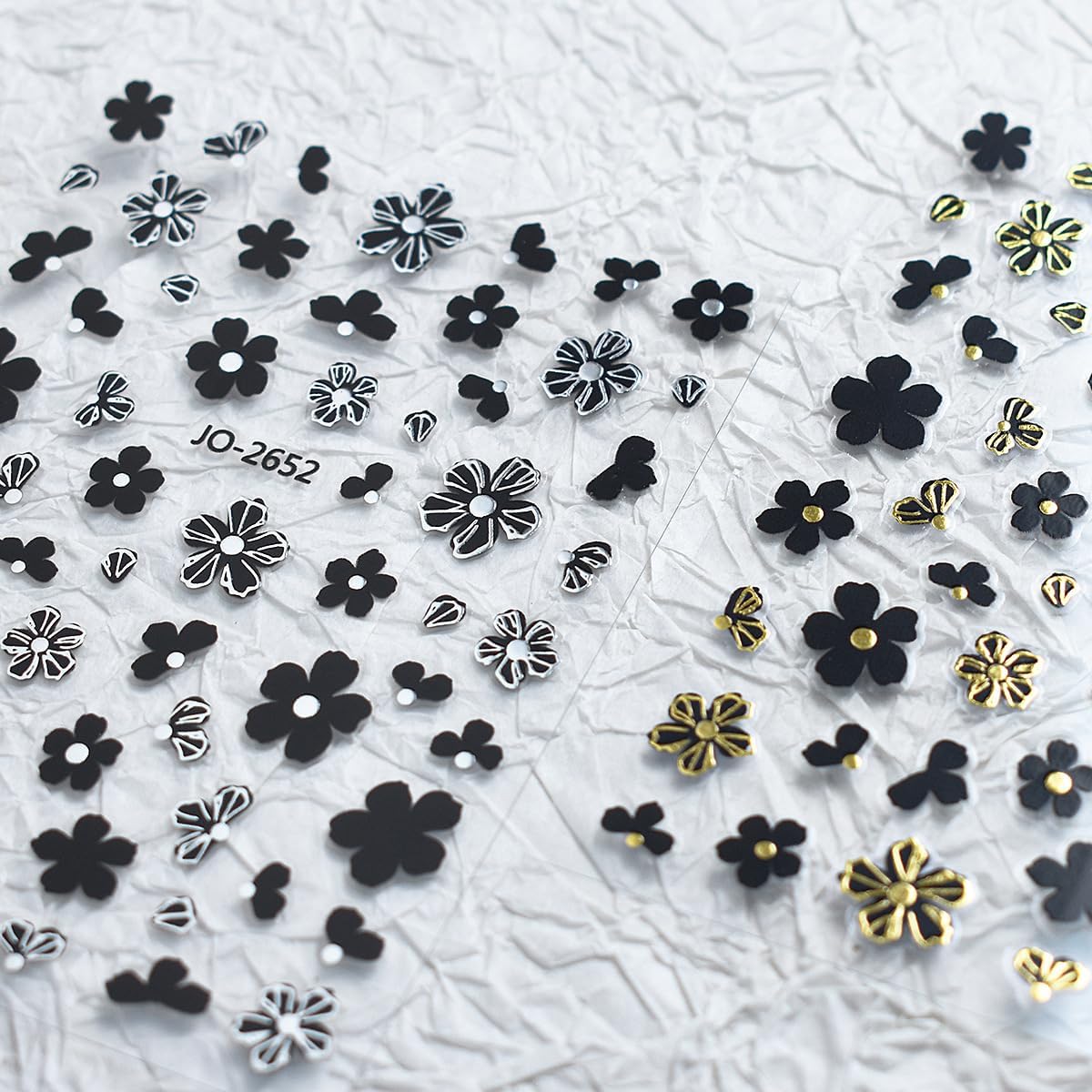 6Sheets Camellia Petals Nail Art Stickers 3D Metallic Flowers Nail Decals Engraved Flower Nail Sticker Black Gold Silver Designs Self-Adhesive Floral Nail Supplies for Women French Manicure Decoration