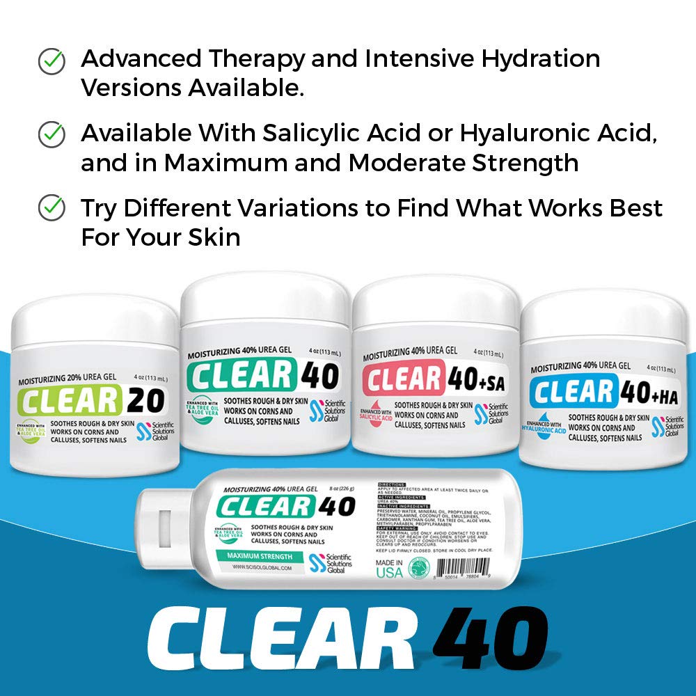 CLEAR 20, 20% Urea Gel, 4 oz w/ Tea Tree & Coconut Oil, Aloe Vera Extract, Callus & Corn Remover Moisturizes & Softens Cracked Heels, Feet, Elbows, Hands, Nails, Superior hydration to Urea Creams