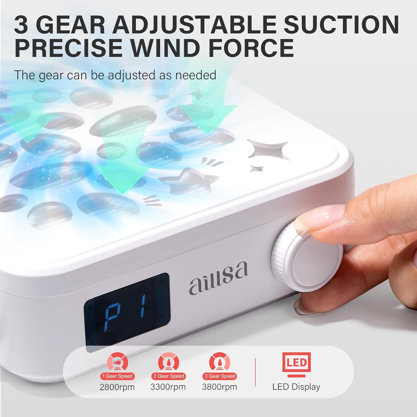 Aillsa Nail Dust Collector: Professional Powerful Suction Dust Collector Nail Tech Adjustable Speed with LED Display & Brush & Filter Paper Dust Collector for Manicure Salon & Home Use（White）