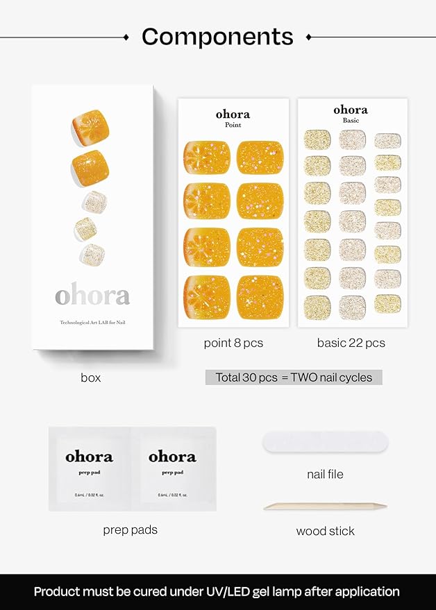 ohora Semi Cured Gel Pedi Strips (P Orange Splash) - Works with Any Nail Lamps, Salon-Quality, Long Lasting, Easy to Apply & Remove - Includes 2 Prep Pads, Nail File & Wooden Stick