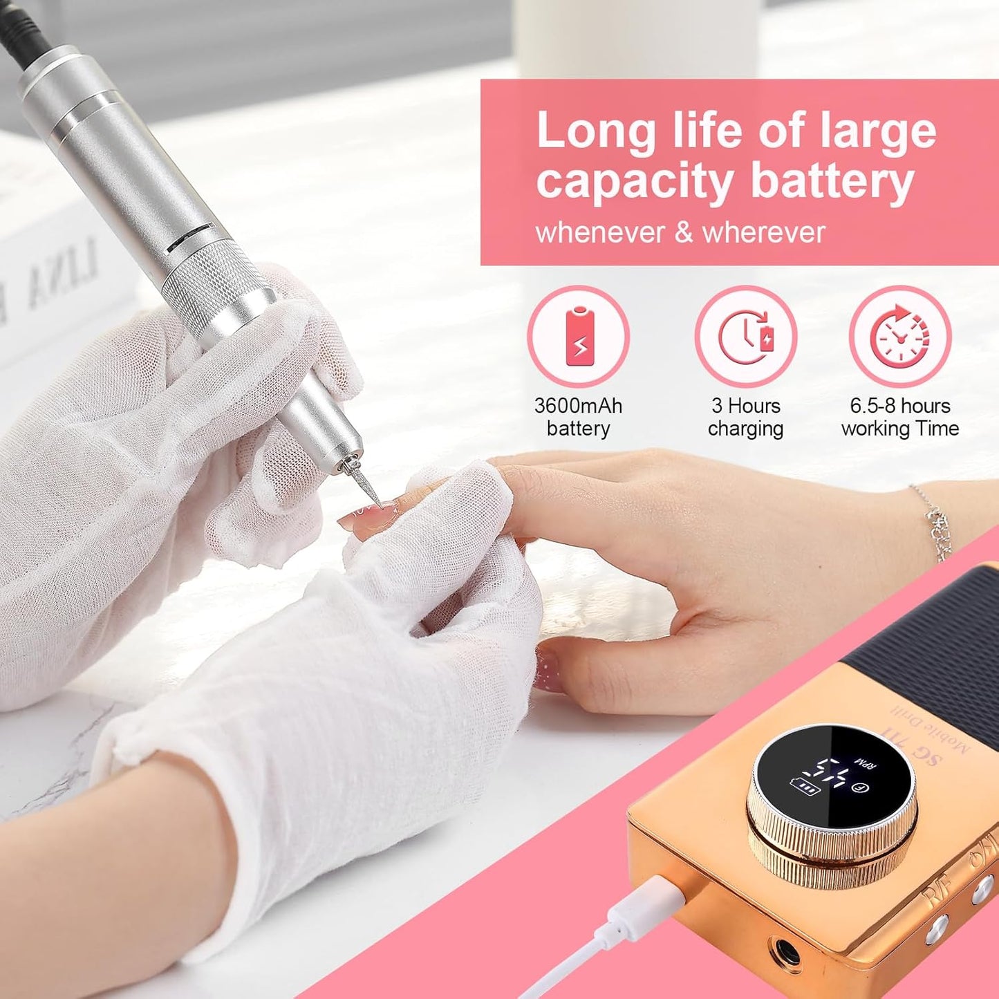 Electric 45000RPM Nail Drill Machine Rechargeable Portable Nail File Electric DIY Nail Drill Kit with Smart LCD Screen for Gel Nail Manicure and Pedicure Reflective Body etc (Yellow)