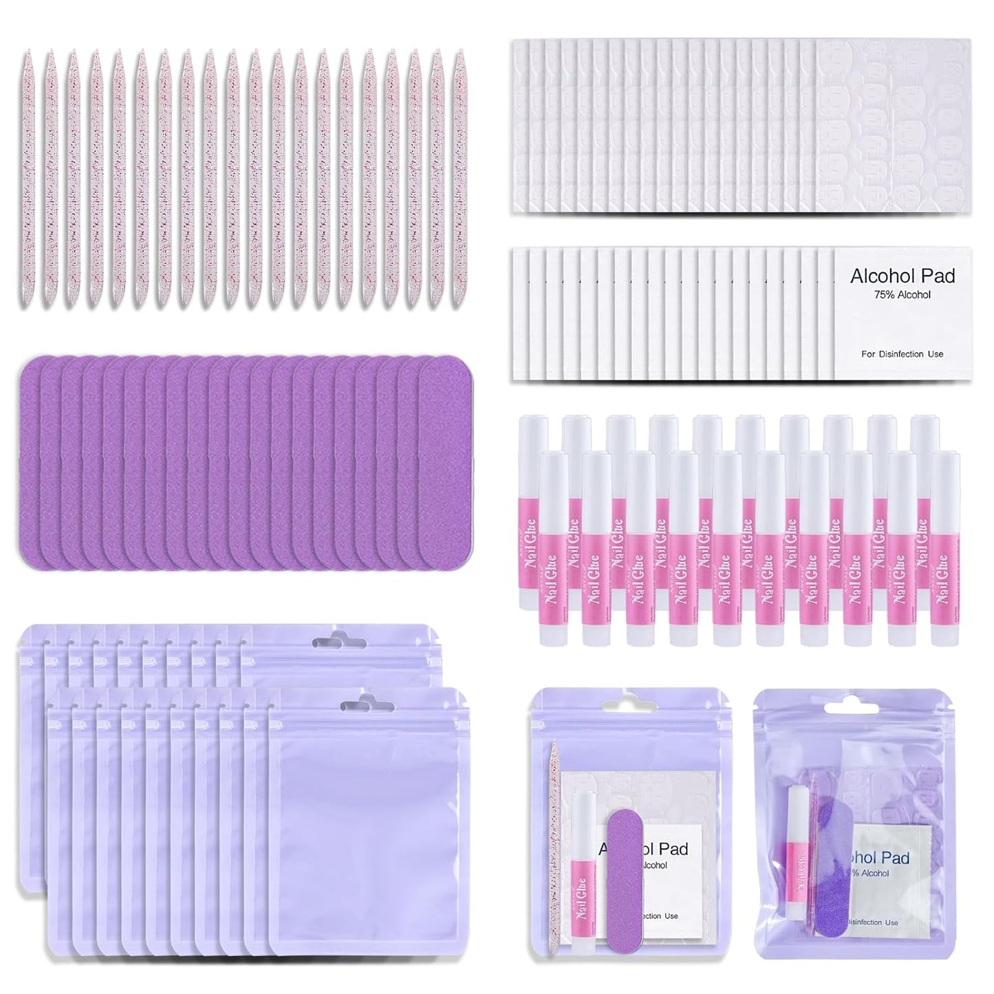 Press On Nail Tool Kit with Everything, Bebbtiy Press On Nail Prep Tool Kit Disposable Manicure Kit with Nail File, Nail Glue, Prep Pads, Adhesive Nail Tabs, Wood Stick, Packaging Bag (20pcs-purple)