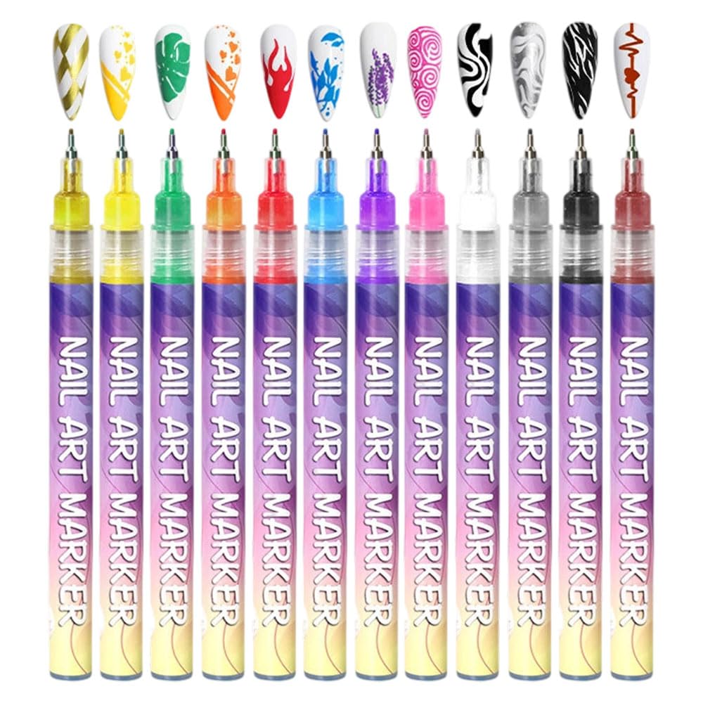 Drkicsy 12 Colors Nail Art Pens Set, DIY Nail Art Markers for Kids and Adults, 0.5mm Fine Tip Nail Polish Pens for Graffiti Dotting Drawing Painting Point Liner (1 Set)