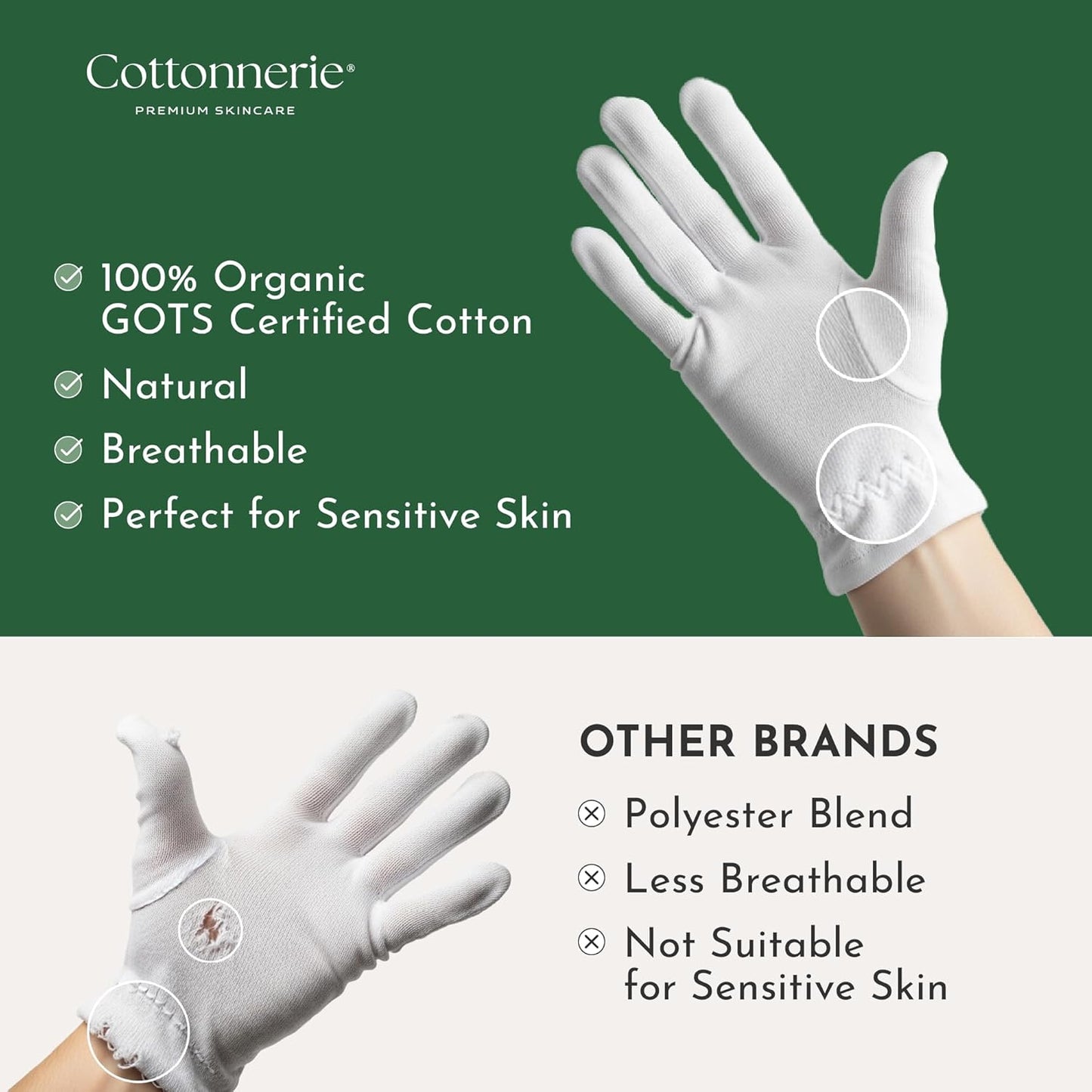 4 Pairs Cottonnerie Organic Cotton Gloves for Dry Hands Sleeping, Moisturizing Gloves Overnight, Hand Moisturizer Gloves, Moisture Gloves for Dry Hands Overnight, Sleeping Gloves, Large