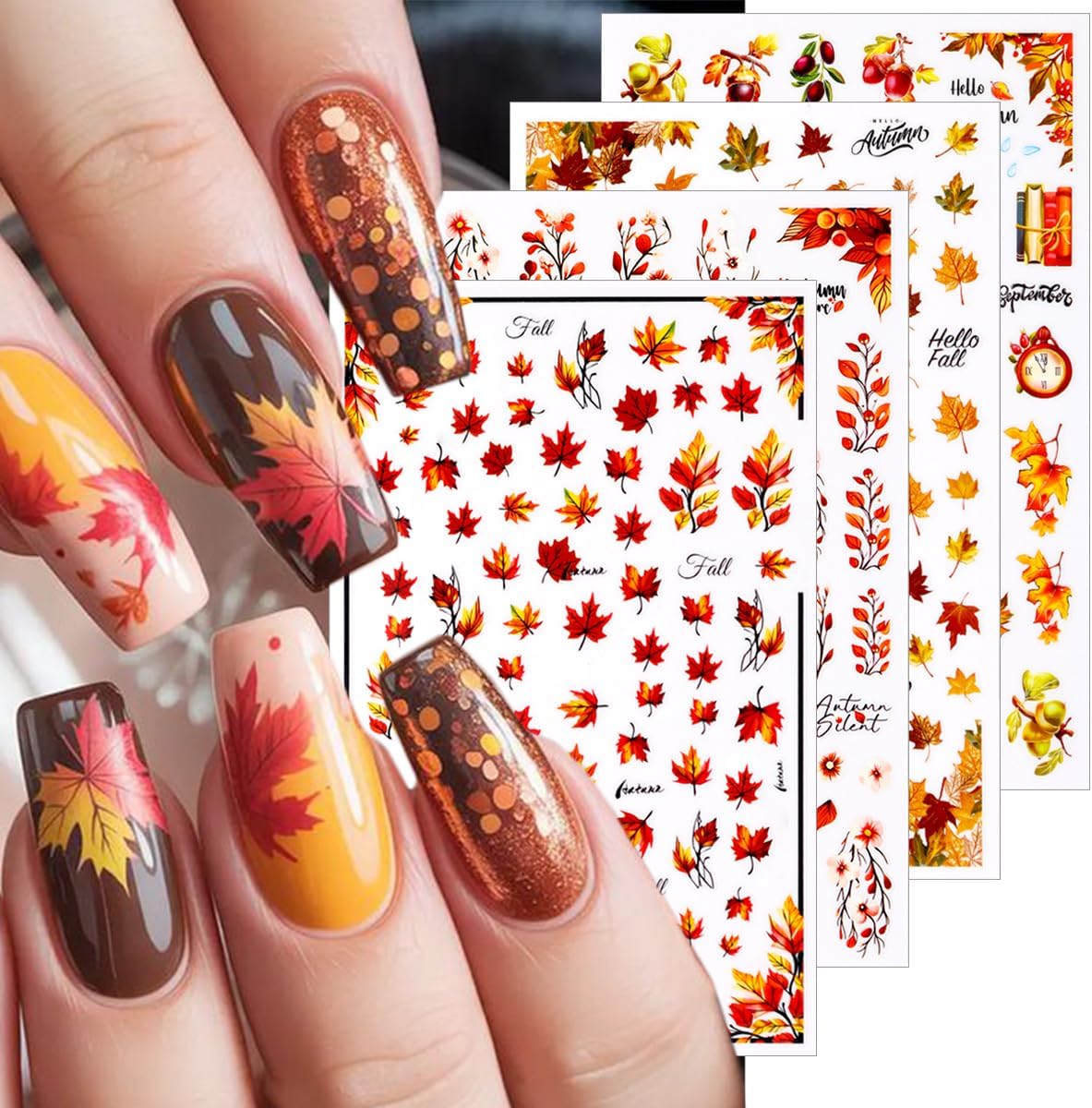 Fall Nail Art Stickers 8 Pcs 3D Self-Adhesive Thanksgiving Nail Decals Maple Leaves Pine Cone Deer Nails Designs Autumn Nails Decorations for Women DIY Manicure Art Supplies