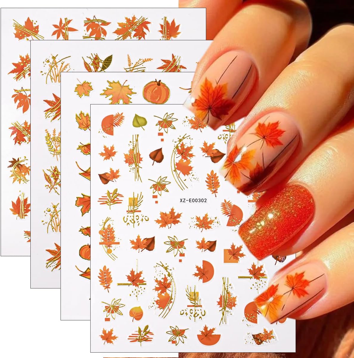 6 Sheets Gold Fall Nail Stickers Autumn Maple Leaf Nail Decals Cute Pumpkin Fox Ginkgo Fallen Leaves Nails Designs 3D Self-Adhesive Thanksgiving Nails Art Supplies for Women DIY Manicure Decorations