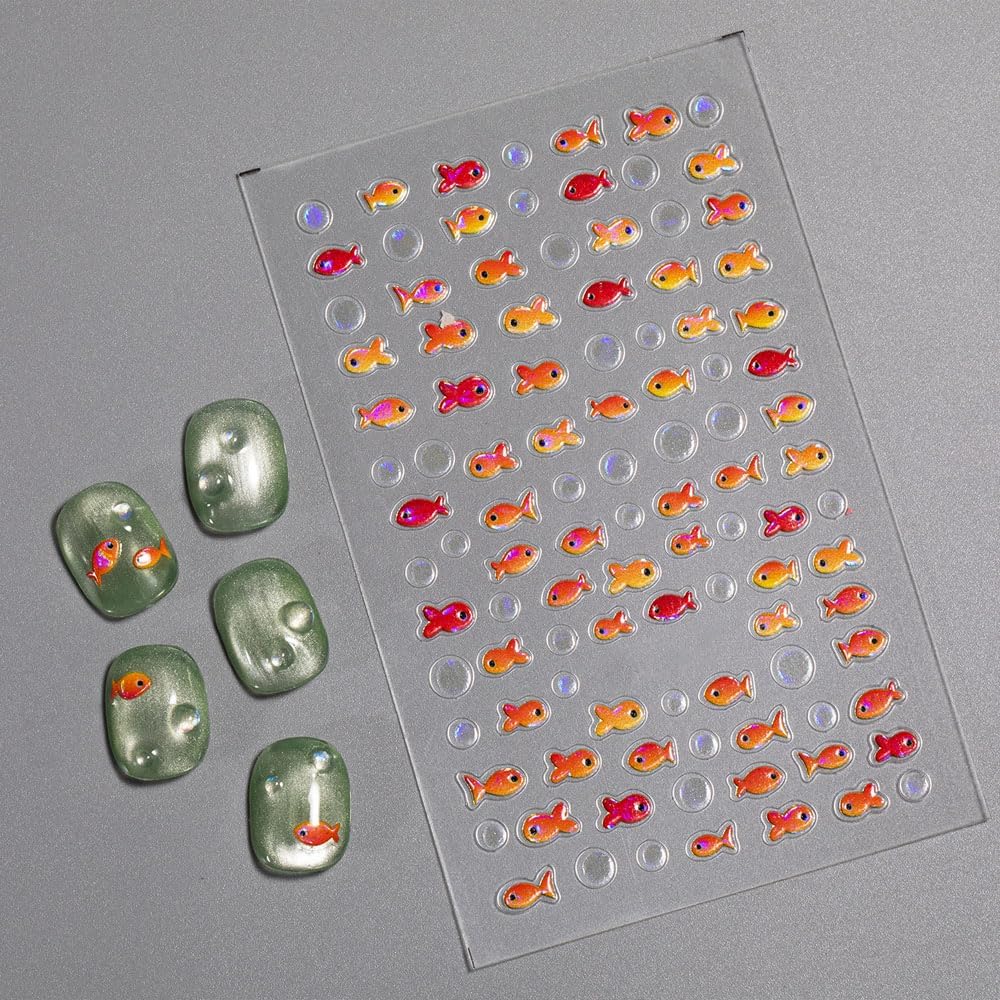 2 Sheets Red Fish Nail Art Stickers, 5D Embossed Jelly Bubble Goldfish Nail Decals Self Adhesive Koi Fish Design Manicure Sticker for Women Girls Summe Nail Accessories