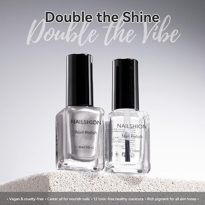 Metallic Silver Nail Polish with Base Top Coat, 3 IN 1 Nail Strengthener Quick Dry Clear Nail Polish Duo, Opaque, Non-Gel, Vegan, Liquid Silver Glossy Chrome Nails Art Gift for Women Girls