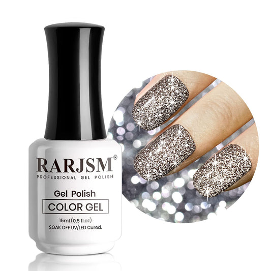RARJSM Reflective Glitter Gel Nail Polish Champagne Brown Flash Diamond Nail GelPolish Soak off Disco Shimmer Gel Polish UV LED Curing Require 15ml 0.5FLOZ for Home Salon Diy Nail Manicure Decoration