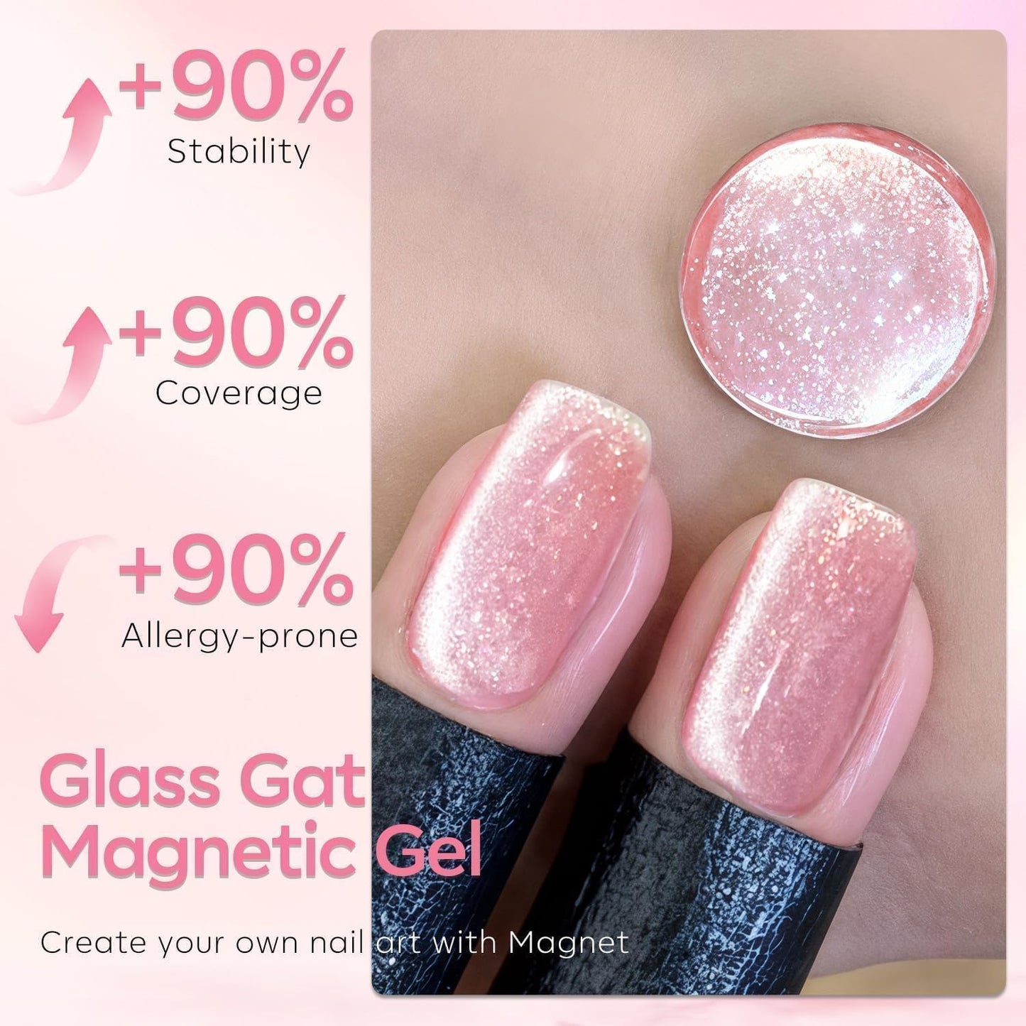 modelones Cat Eye Gel Nail Polish, Pink Glassy 9D Cateye with Magnet Shimmer Soak Off Reflective Translucent Gel Magnetic Top Coat Nail Polish for Women Girl 15 ML