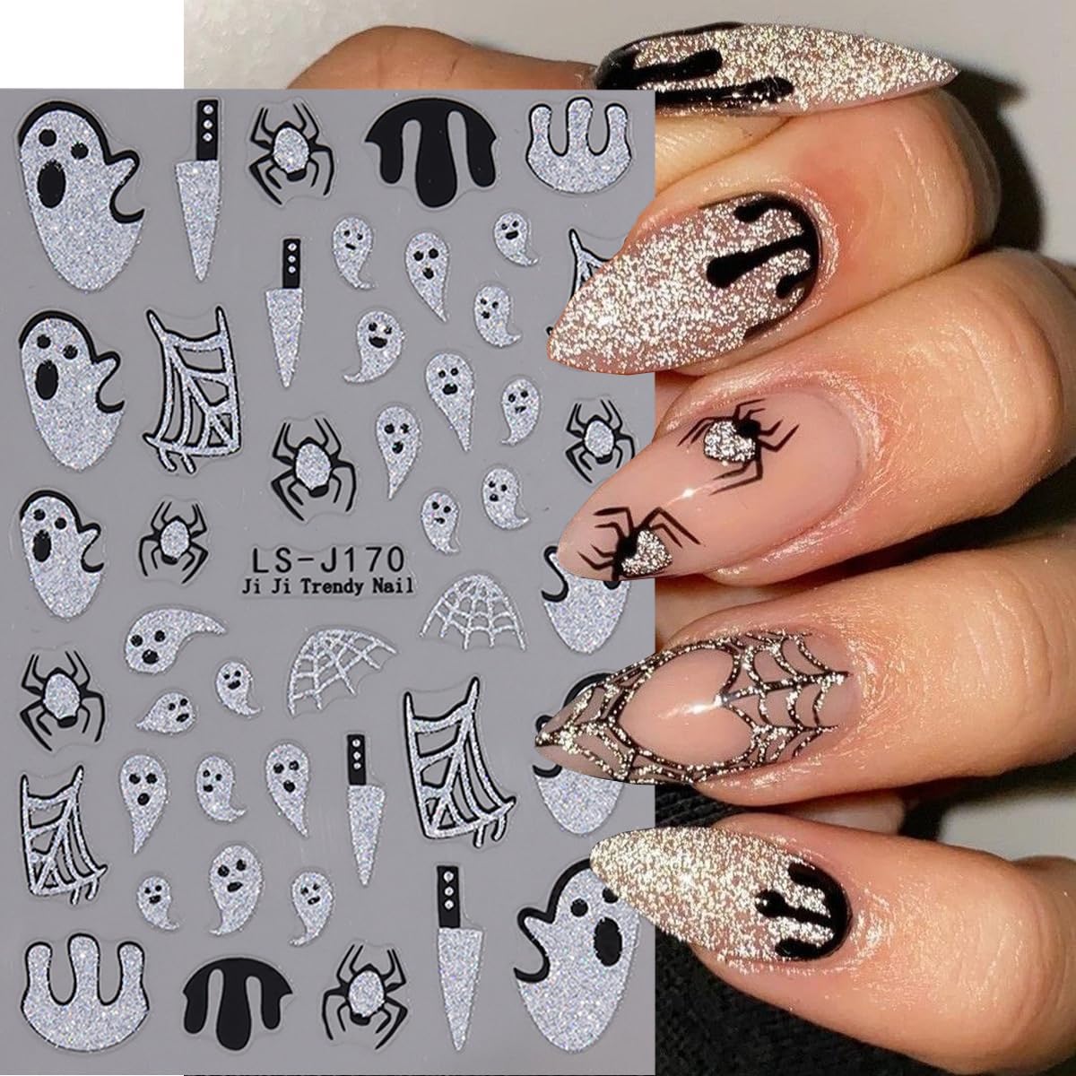 Halloween Nail Art Stickers Decals Glitter Pumpkin Ghost Nail Stickers 6PCS 3D Self-Adhesive Spider Web Spider Knife Ghost Design Halloween Stickers Manicure Supply for Women Holiday DIY Nail Salon