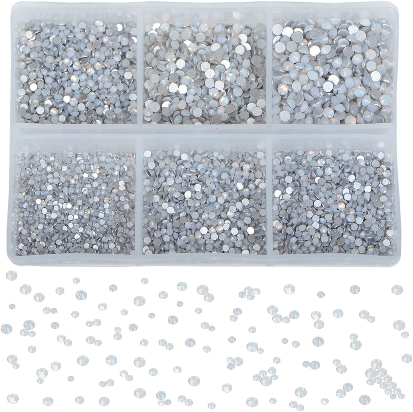 Bymitel 7200 Pieces 6 Mixed Sizes Glue Fix on Glass Rhinestones Round Crystal Gems Flatback for DIY Jewelry Making with one Picking Pen(6-Sizes 7200PCS, White Opal)