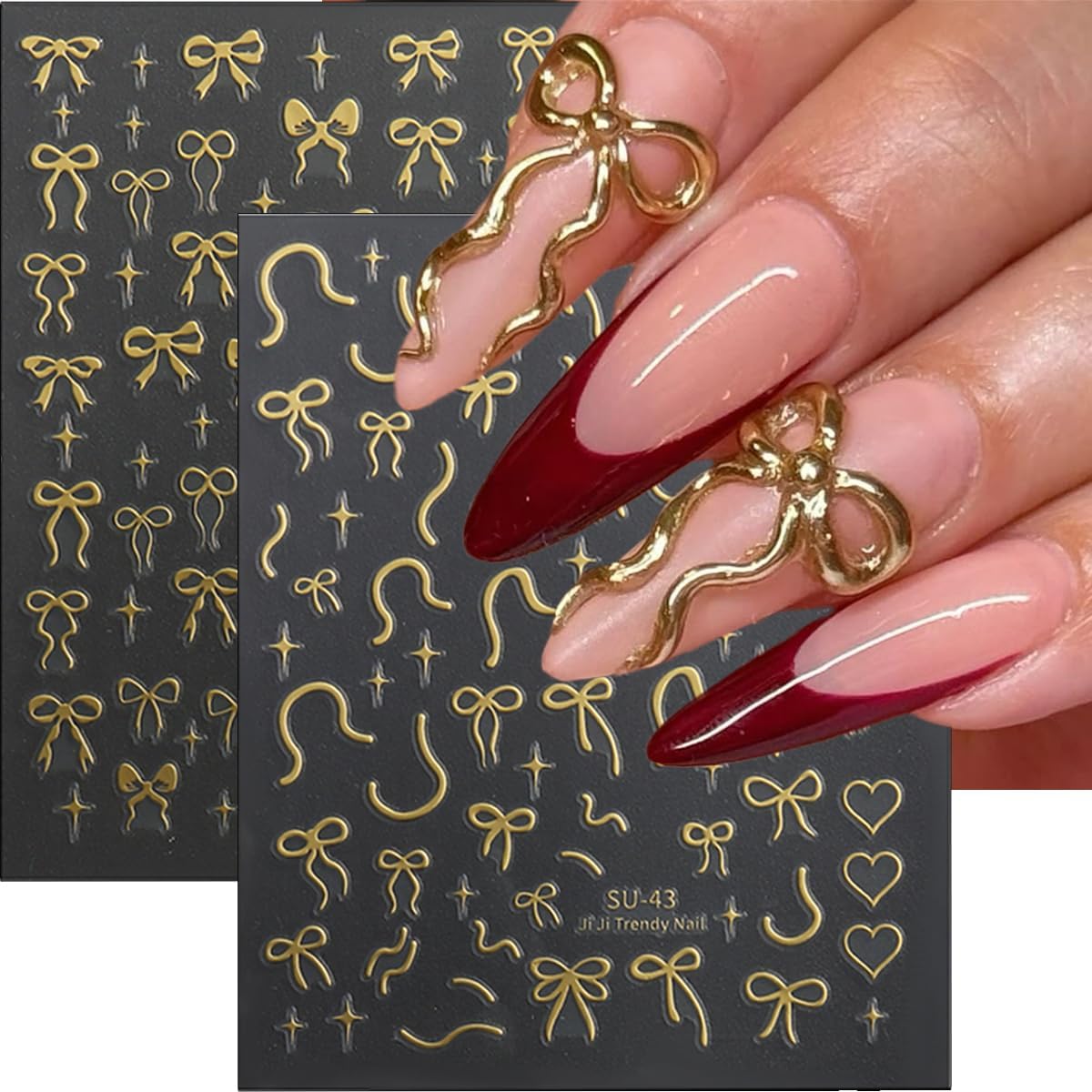 6Sheets Bow Nail Stickers for Nail Art Glitter Red Gold Bows Nail Decals Aurora Cute Nail Art Stickers 3D Self Adhesive Nails Design Charms Supplies for Women Girls Manicure Decorations