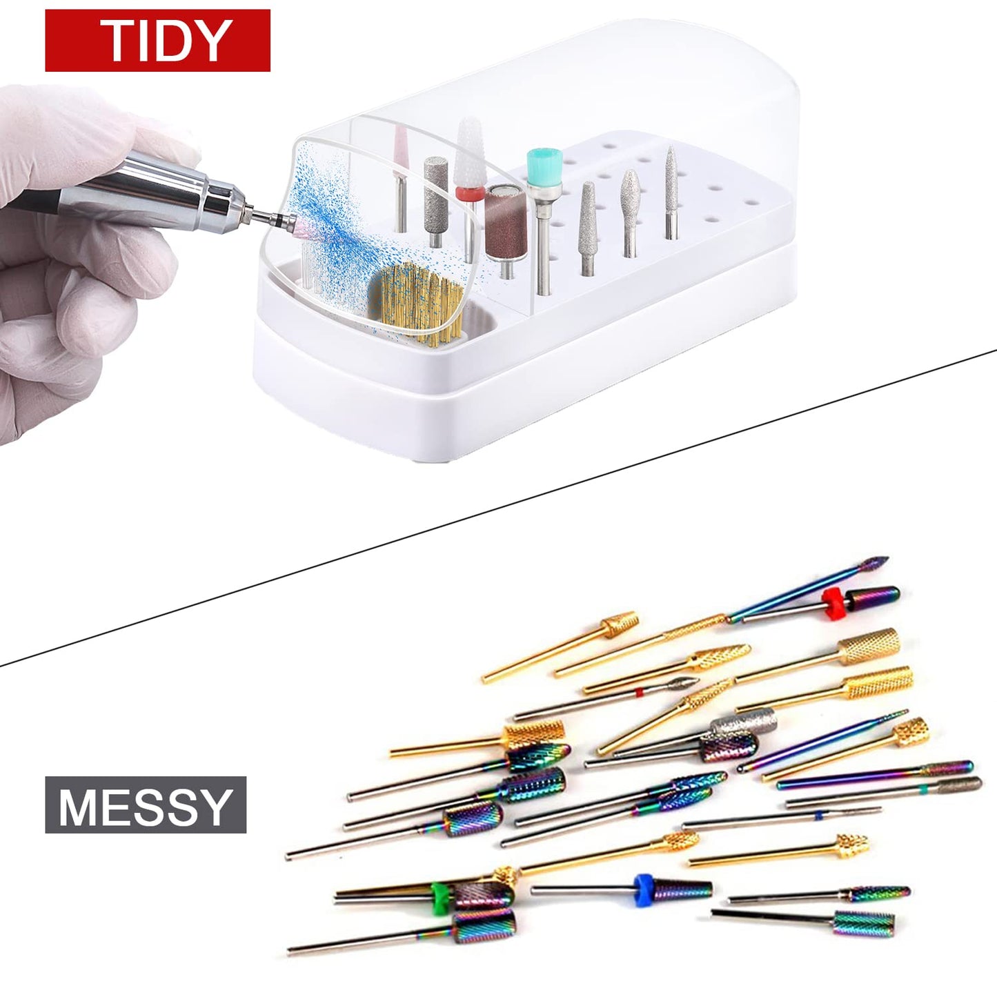 2 In 1 Nail Drill Bits Holder & Nail Drill Bits Cleaner Case,30 Holes Dustproof Nail Art Drill Bits Stand for Nails Display Organizer Container Manicure Tools (Not Include Nail Drill Bits) White