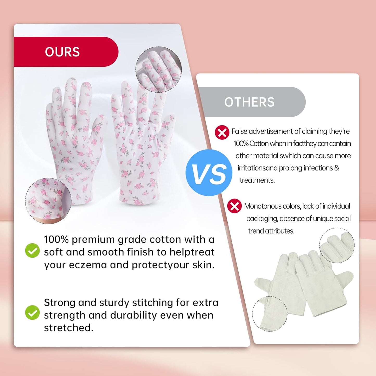 HandLove Premium 100% Cotton Gloves | Moisturizing Gloves for Dry Hands & Eczema | Overnight Sleeping Gloves, Eczema Gloves | White Floral Dots, 12 Pairs