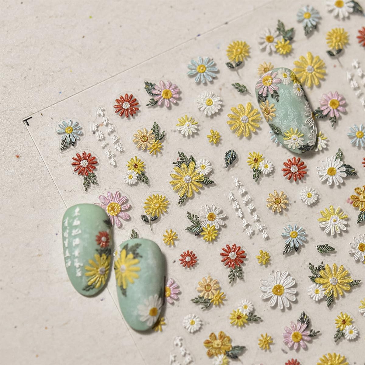 Flower Nail Stickers 5D Embossed Nail Art Stickers White Daisy Floral Self-Adhesive Nail Decals Spring Summer Nails Design Manicure Sliders for Women Girls Nails Art Decoration