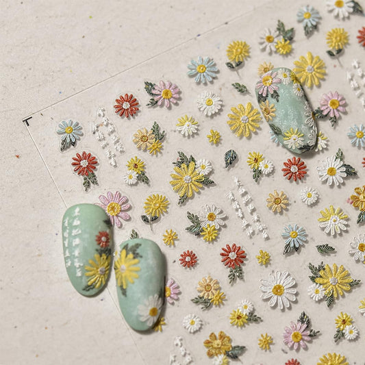 Flower Nail Stickers 5D Embossed Nail Art Stickers White Daisy Floral Self-Adhesive Nail Decals Spring Summer Nails Design Manicure Sliders for Women Girls Nails Art Decoration