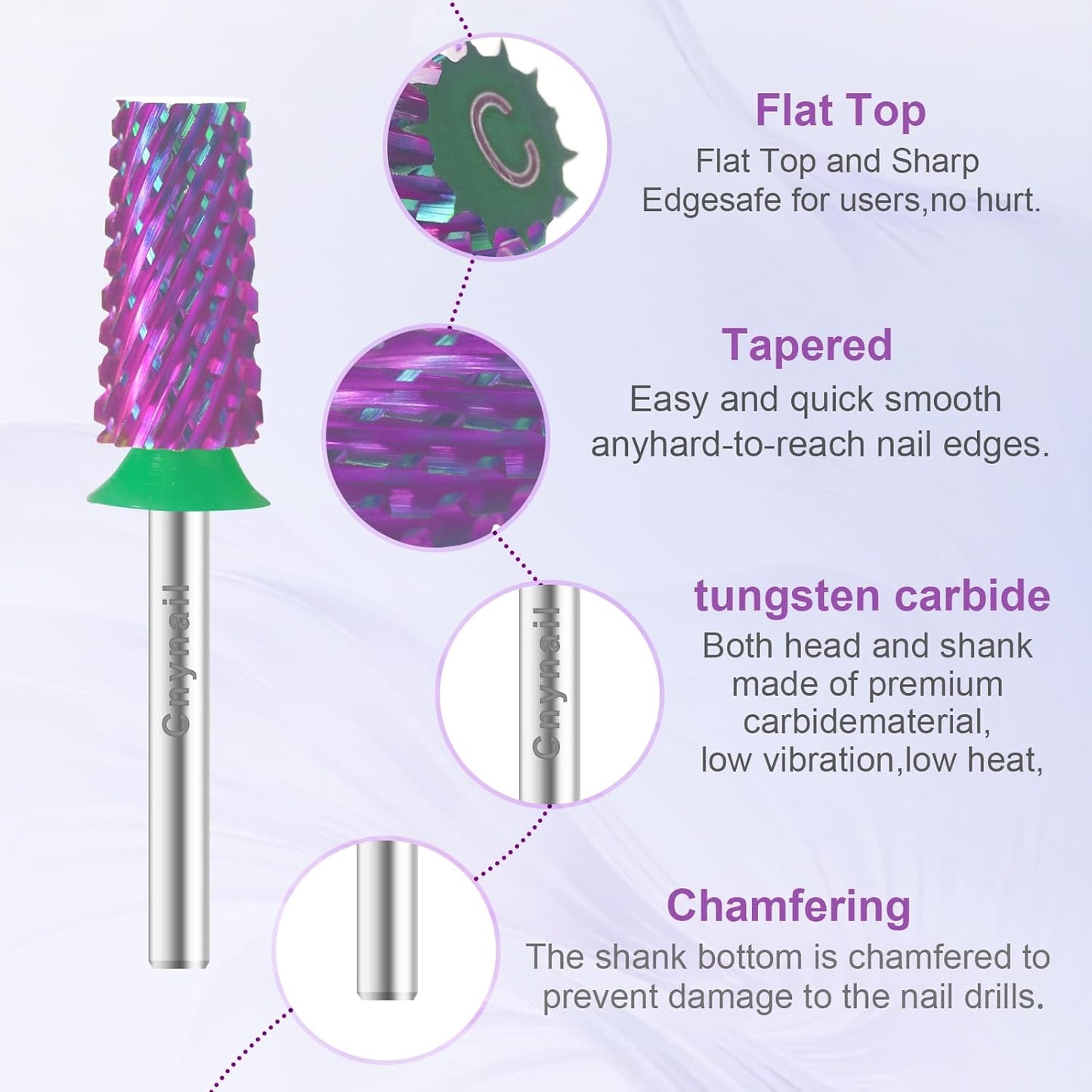 Cnynail 3/32" Large Tapered Barrel Flat Bit Tungsten Carbide Nail Drill Bit Safety Bit for Gel & Acrylic Removal, 2- Way Rotating Efile Tip, Salon Electric File Accessory (C Girt, Purple)