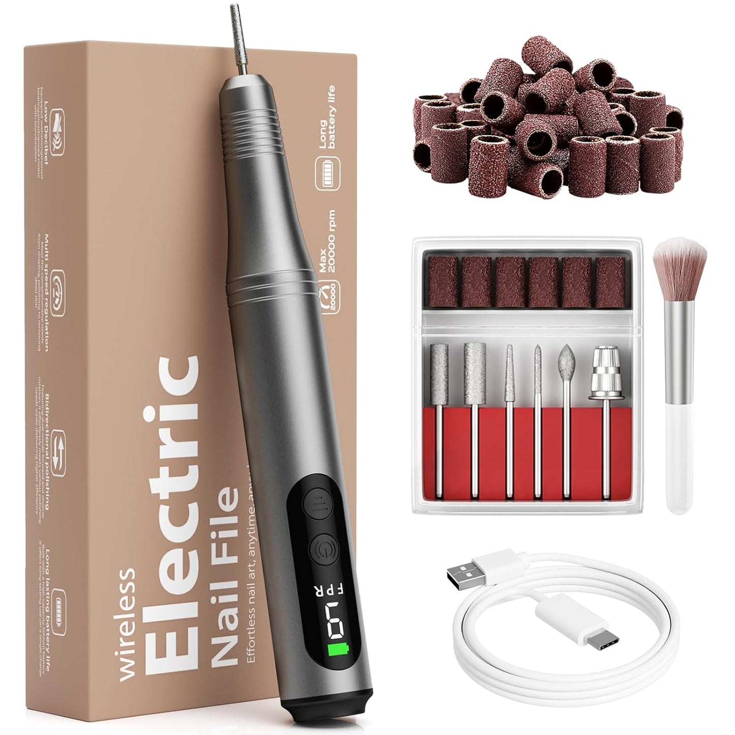 Cordless Electric Nail Drill Kit Professional Portable Electric Nail File Set Machine for Acrylic Gel Nails,Toenail Hand Feet Care,9 Speed with LED Display Ideal Gift for Men and Women-DeepGrey